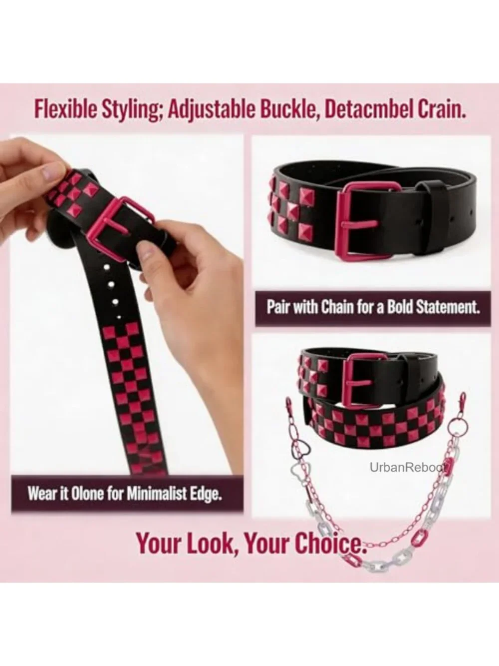 Studded Belt with Detachable Chain - Y2K Punk Goth Grunge Pyramid Belt for